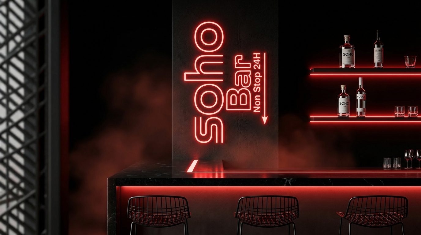 SOHO BAR format render: black counter, red neon, Non Stop 24H sign